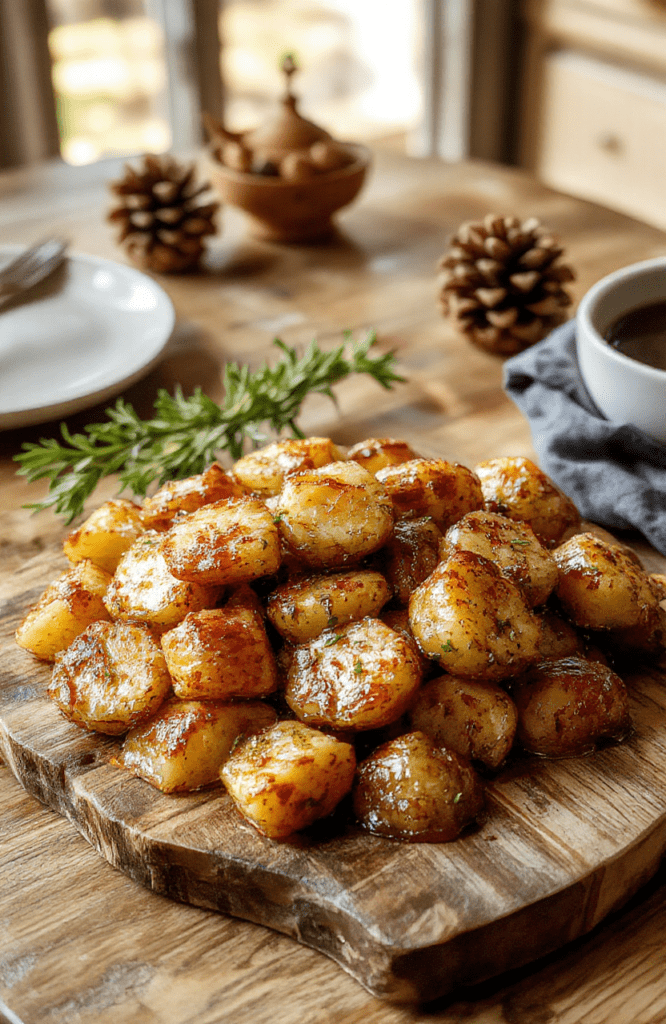 A platter of golden, crispy roasted potatoes with browned edges, garnished with chopped garlic and fresh rosemary, arranged on a rustic wooden board with flaky sea salt. The potatoes are halved and roasted to crisp exteriors with fluffy centers. Warm, amber lighting gives a cozy Hobbit-hole kitchen vibe.