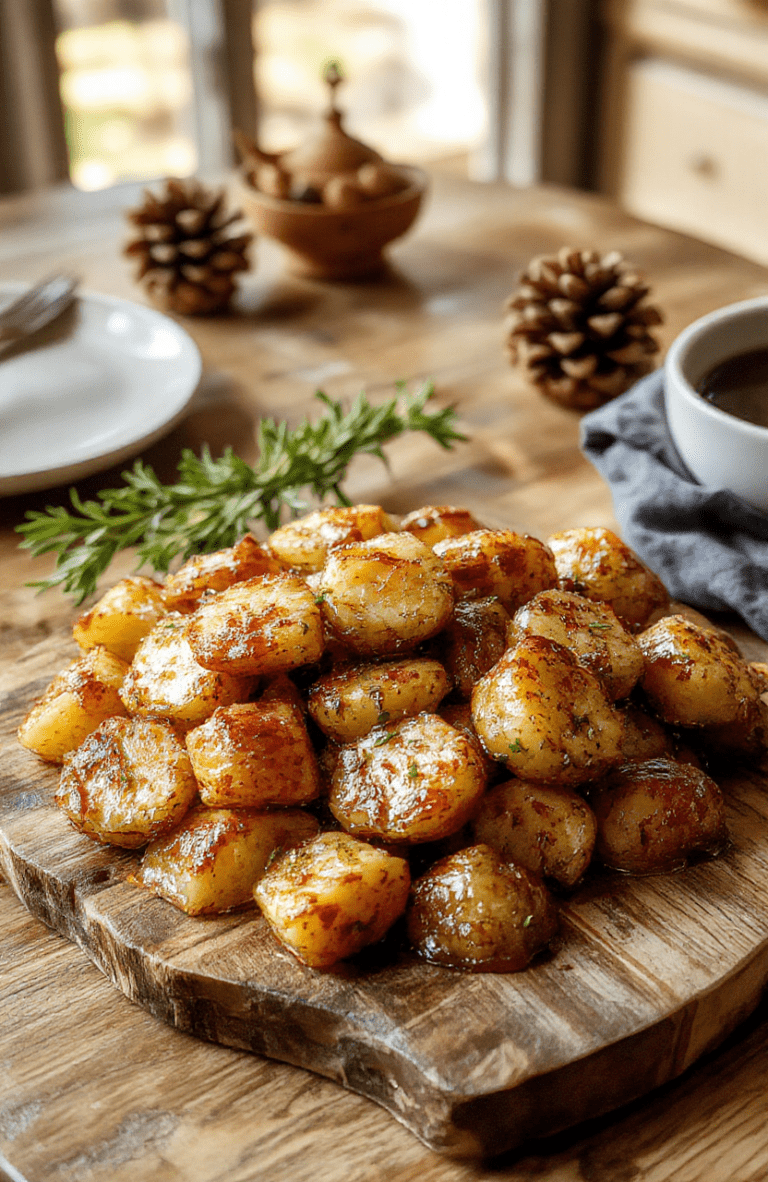 A platter of golden, crispy roasted potatoes with browned edges, garnished with chopped garlic and fresh rosemary, arranged on a rustic wooden board with flaky sea salt. The potatoes are halved and roasted to crisp exteriors with fluffy centers. Warm, amber lighting gives a cozy Hobbit-hole kitchen vibe.