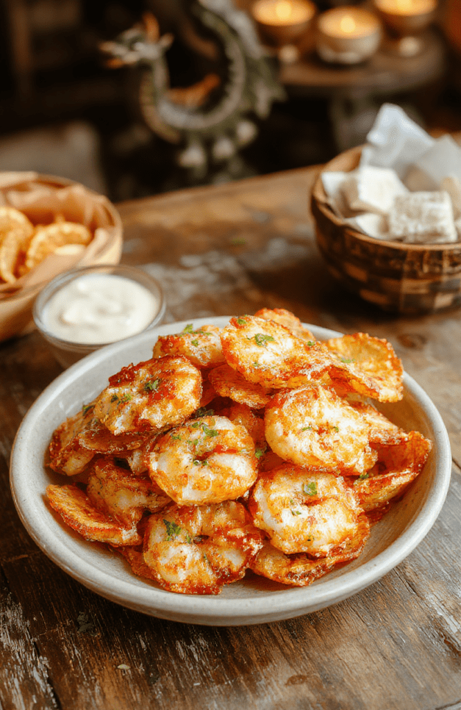 A vibrant platter of crispy shrimp chips puffed to golden perfection, arranged on a dark slate board. The chips are sprinkled with white sesame seeds and a hint of chili powder. Lime wedges and dragon-inspired dipping sauce complete the scene, with warm, inviting lighting and a subtle smoky backdrop.