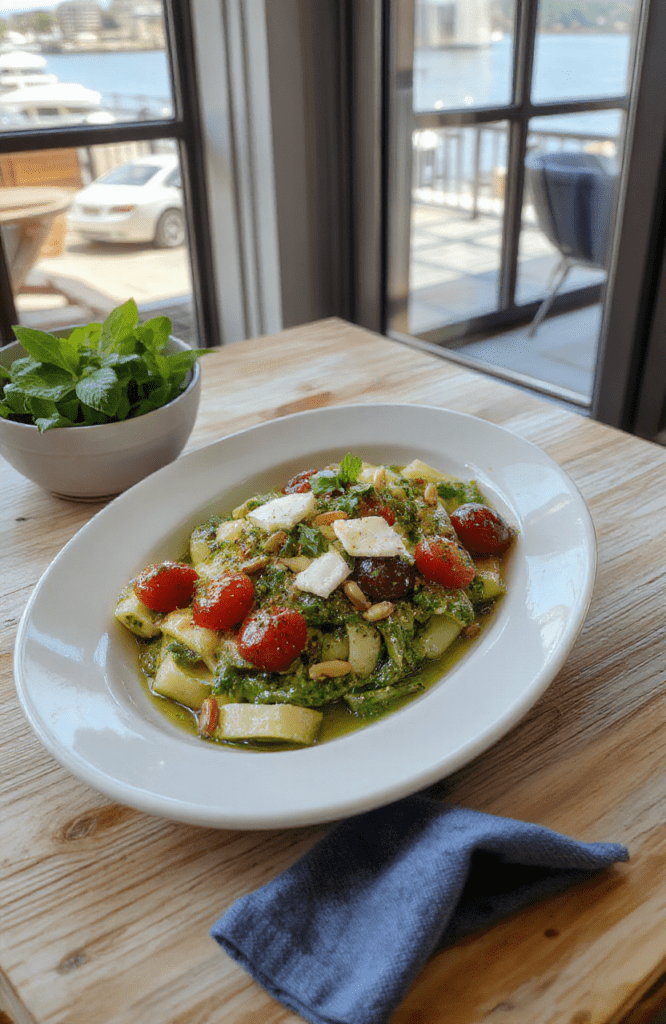 A vibrant plate of Luca Trenette al Pesto featuring glossy emerald-green pesto coating al dente trenette ribbons, cherry tomatoes, pine nuts, and shaved Parmigiano on a rustic white plate. A drizzle of olive oil and fresh basil finish the dish, set on a weathered wooden board with a blue linen napkin, evoking Portorosso's pastel seaside vibe.