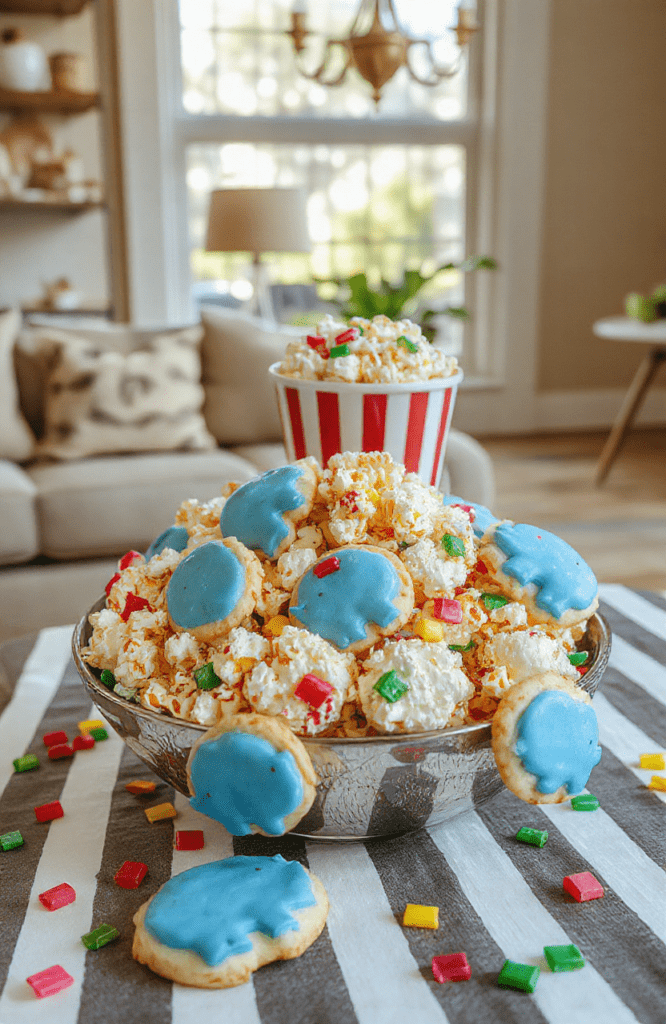 A vibrant circus-themed movie night platter featuring popcorn, elephant-shaped cookies, rainbow candy, cotton candy, and colorful sugar cookies arranged on a striped circus-themed table with warm lighting and nostalgic red curtains.