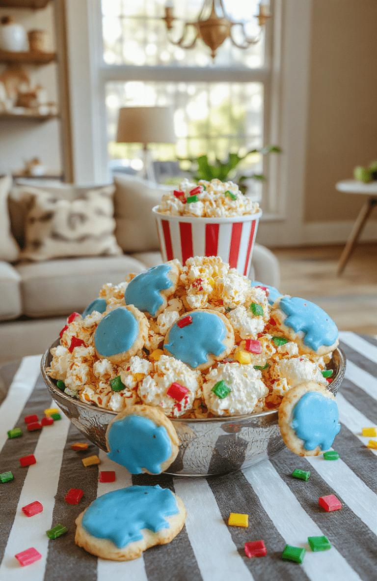 A vibrant circus-themed movie night platter featuring popcorn, elephant-shaped cookies, rainbow candy, cotton candy, and colorful sugar cookies arranged on a striped circus-themed table with warm lighting and nostalgic red curtains.