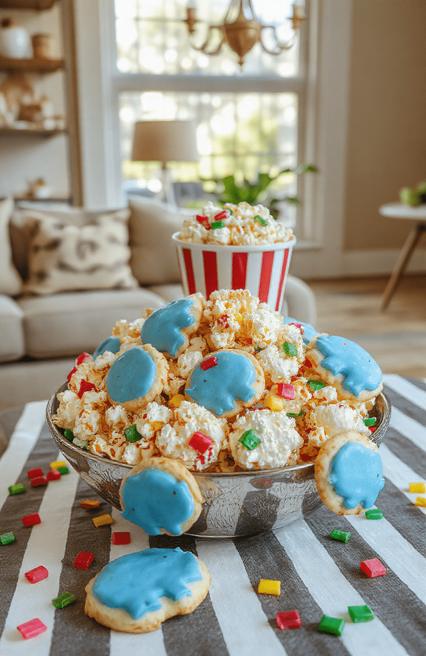 A vibrant circus-themed movie night platter featuring popcorn, elephant-shaped cookies, rainbow candy, cotton candy, and colorful sugar cookies arranged on a striped circus-themed table with warm lighting and nostalgic red curtains.