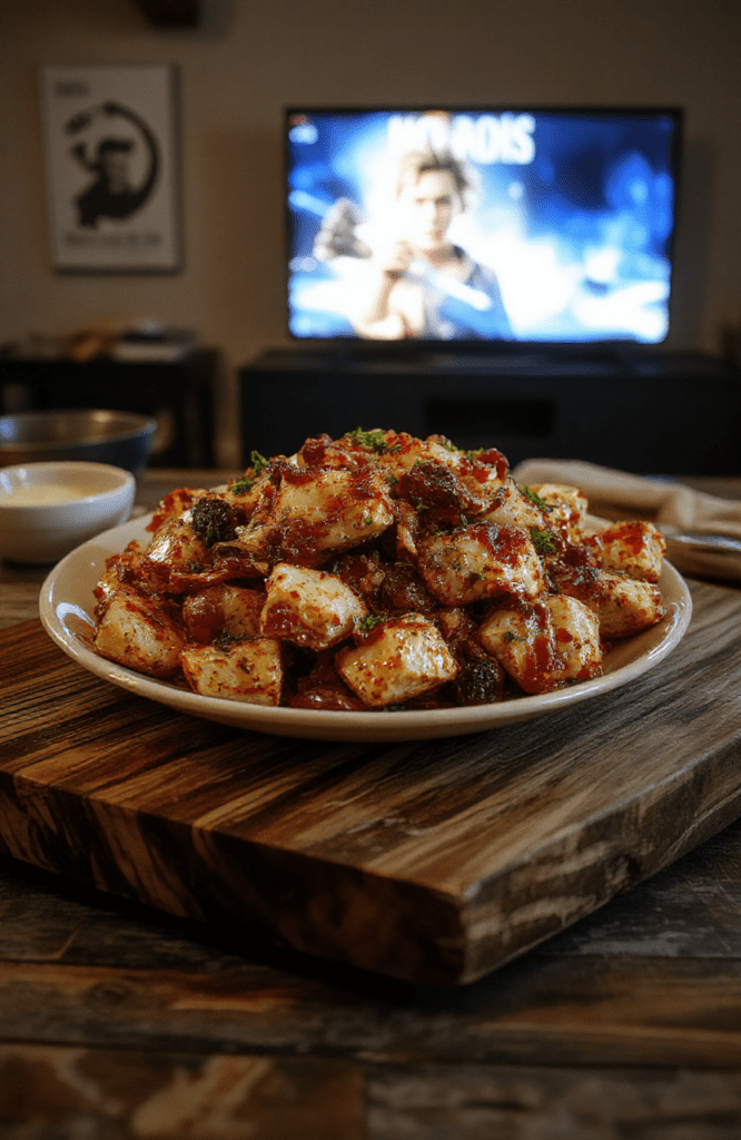 A vibrant movie night dinner spread on a rustic wooden board featuring garlic butter shrimp skewers, mini cheese pizza sliders, and chocolate popcorn clusters. Warm, caramel-toned lighting highlights glossy shrimp, melty cheese, and crunchy popcorn, with a cozy living room vibe and a TV glow in the background.