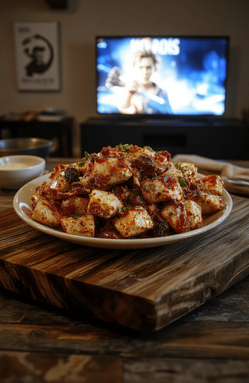 A vibrant movie night dinner spread on a rustic wooden board featuring garlic butter shrimp skewers, mini cheese pizza sliders, and chocolate popcorn clusters. Warm, caramel-toned lighting highlights glossy shrimp, melty cheese, and crunchy popcorn, with a cozy living room vibe and a TV glow in the background.