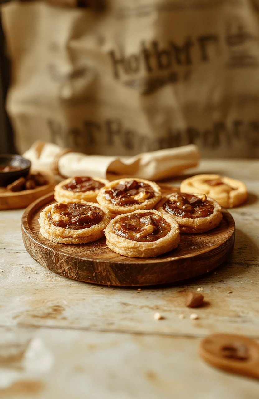 Golden puff pastry royal tarts filled with lemon curd and berry topping, arranged on a white plate with edible gold dust and pearl sprinkles. The background features parchment and a faint Hogwarts ambiance, with soft natural daylight highlighting the flaky crust and glossy filling.