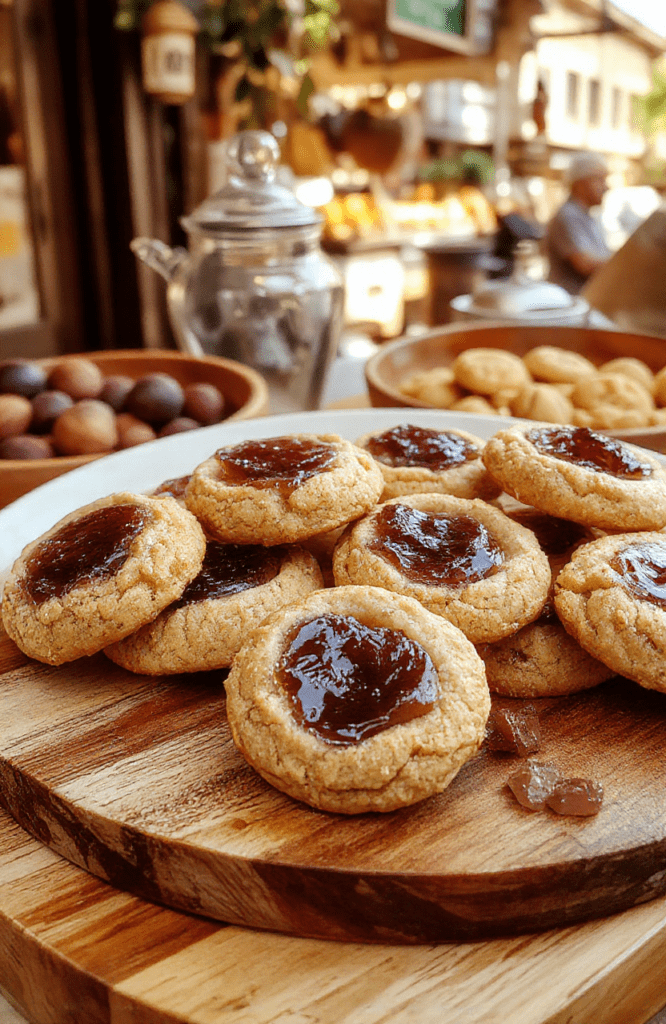 A photo of soft, chewy Aladdin fig jam cookies arranged on a light wooden board, a jar of fig jam and a dusting of cinnamon beside them. The cookies have a golden-brown edge and a fruity jam center that glistens slightly. Warm, cozy lighting, rustic plating, and a sprinkle of sesame seeds add texture.