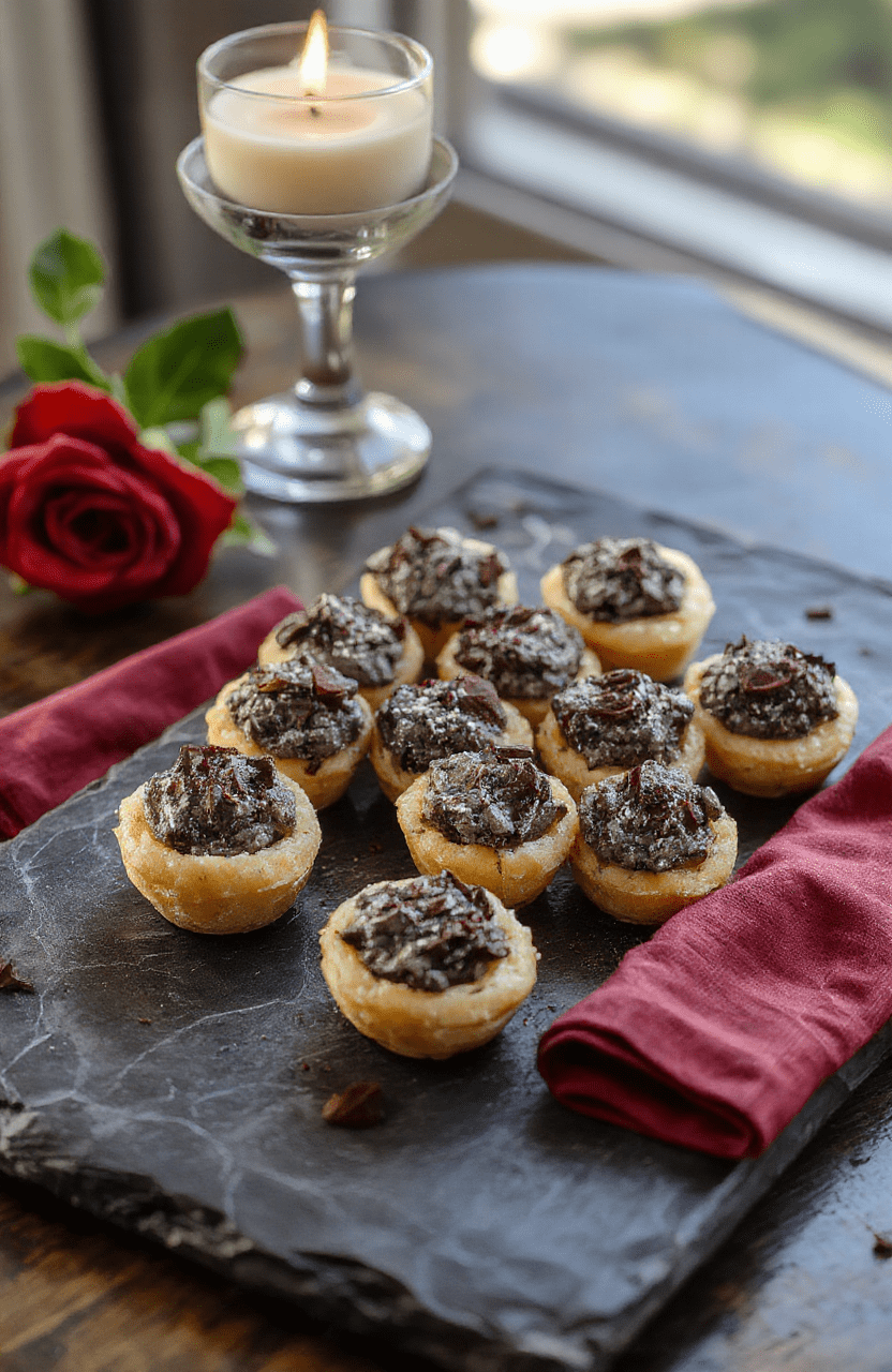 A platter of glossy grey stuffed bites on mini spoons, creamy mousse coated in crushed Oreo crumbs, arranged on a dark slate board with a burgundy napkin. Garnished with a light dusting of cookie crumbs and a single rose petal. Soft candlelight and a hint of gold-trimmed glassware evoke a fairy-tale ballroom mood inspired by Beauty and the Beast.