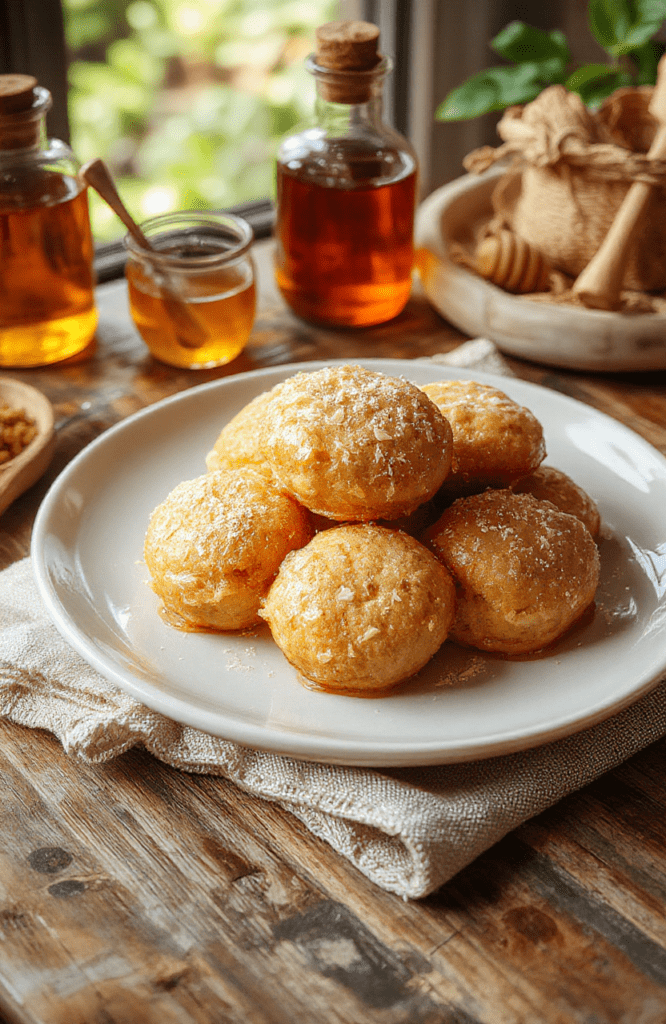 Golden Beorn's Honey Cakes with a drizzle of honey on a rustic wooden board, cinnamon dusting, almonds, and a pat of butter. Hobbit-hole vibes with warm wood and soft, inviting lighting.