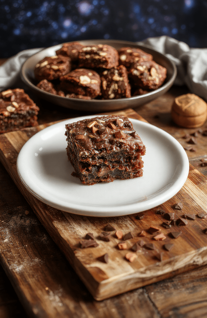 A tray of fudgy, chewy chocolate brownies on a rustic wooden board, neatly cut into squares with a glossy, crackled top. Rich dark brown batter shows through with a few chocolate chips, and a light dusting of flaky salt adds sparkle. In the background a Chewbacca plush and subtle space-themed decor hint at a movie-night vibe, while warm daylight highlights the moist crumb and chewy edges.