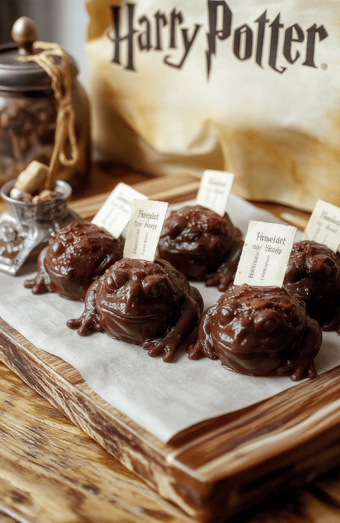 Shiny dark chocolate frogs lined up on parchment on a rustic board. Each frog has crisp edges and a glossy finish, with a tiny edible card insert peeking from its mouth. The scene sits on a warm wooden surface with a subtle Hogwarts-inspired glow and a wispy wand-height shadow.