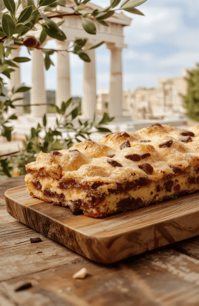 Golden-brown Disney Hercules Bakewell Traybake squares arranged on a rustic wooden board. The base appears as a pale butter shortbread, topped with a visible jam layer and a toasted almond frangipane topping. Sliced into neat rectangles, the surface is speckled with almond flakes and a light dusting of powdered sugar. The scene includes a small bowl of raspberry jam and a few scattered almonds for texture, with warm natural lighting and a soft, appetizing glare.