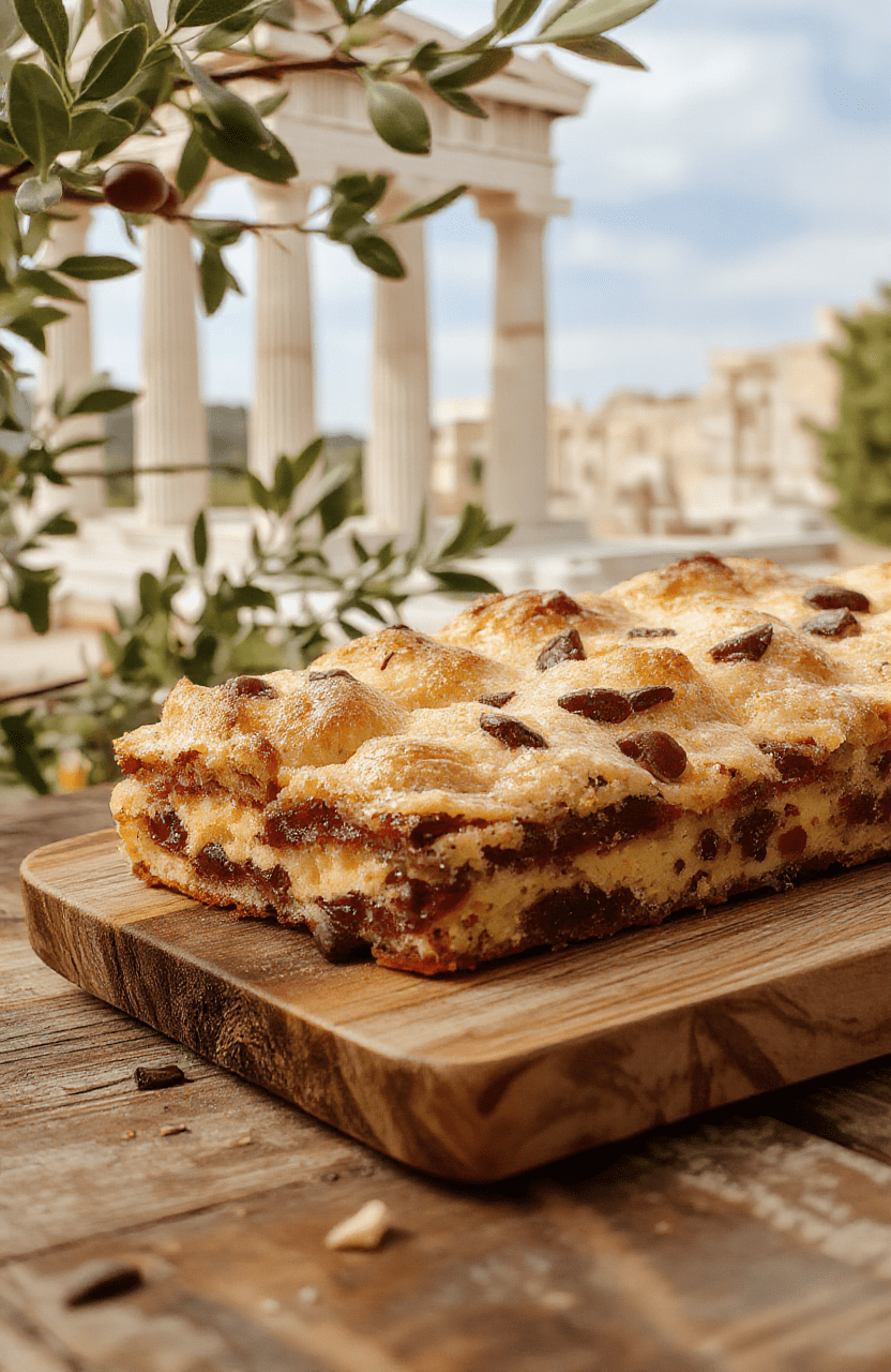 Golden-brown Disney Hercules Bakewell Traybake squares arranged on a rustic wooden board. The base appears as a pale butter shortbread, topped with a visible jam layer and a toasted almond frangipane topping. Sliced into neat rectangles, the surface is speckled with almond flakes and a light dusting of powdered sugar. The scene includes a small bowl of raspberry jam and a few scattered almonds for texture, with warm natural lighting and a soft, appetizing glare.