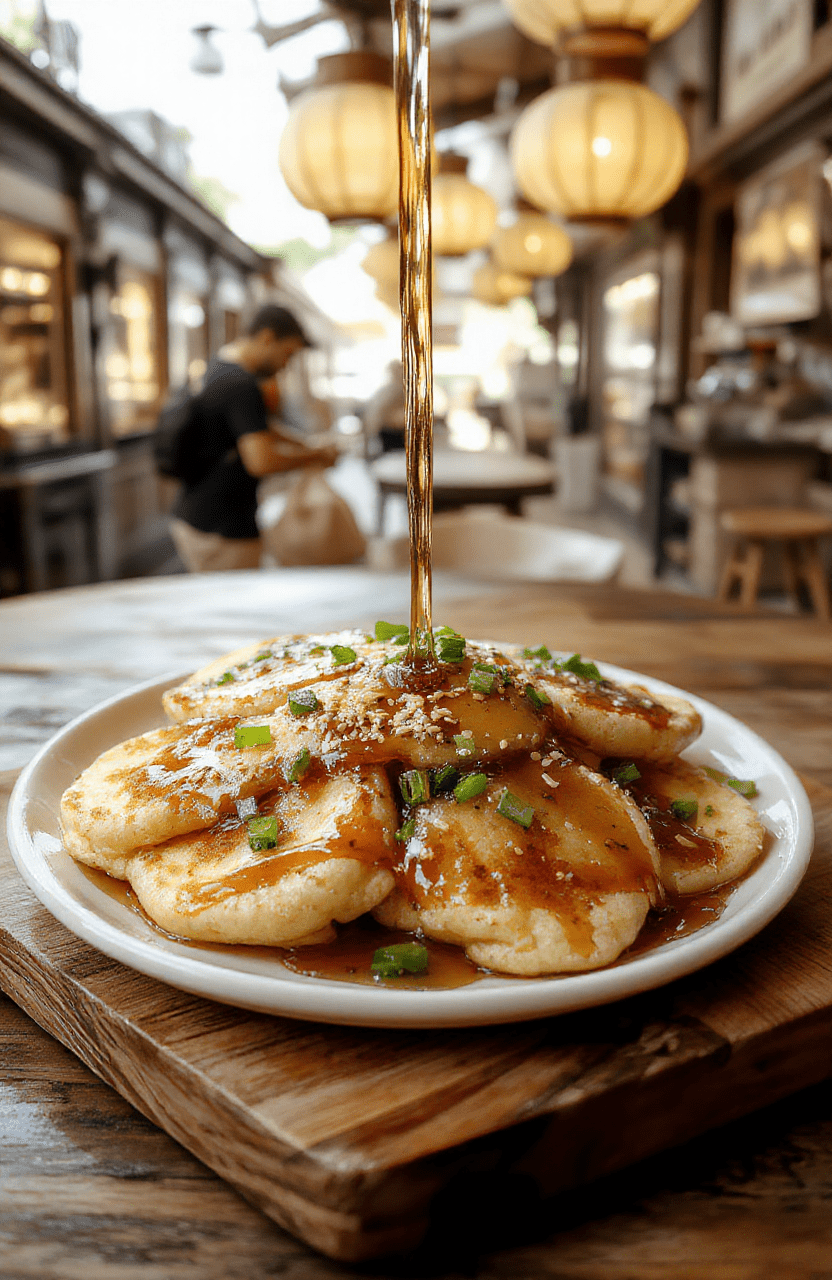 A close-up of golden-brown mini breakfast pancakes with sesame seeds and scallions, stacked on a white plate, drizzled with maple syrup, set on a warm maple wood board. The plate is garnished with sesame seeds and green onions; soft daylight highlights the fluffy texture and glossy syrup, with a subtle Disney-inspired lantern backdrop.