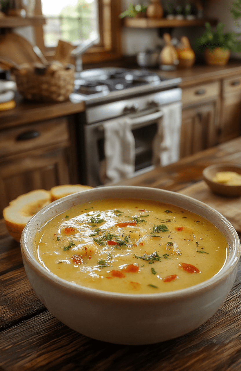 A vibrant bowl of ratatouille soup with chunky vegetables in a rich tomato broth, bright green basil garnish, served in a white ceramic bowl on a rustic wooden table, warm natural light, cozy kitchen styling, Pixar-inspired whimsy.