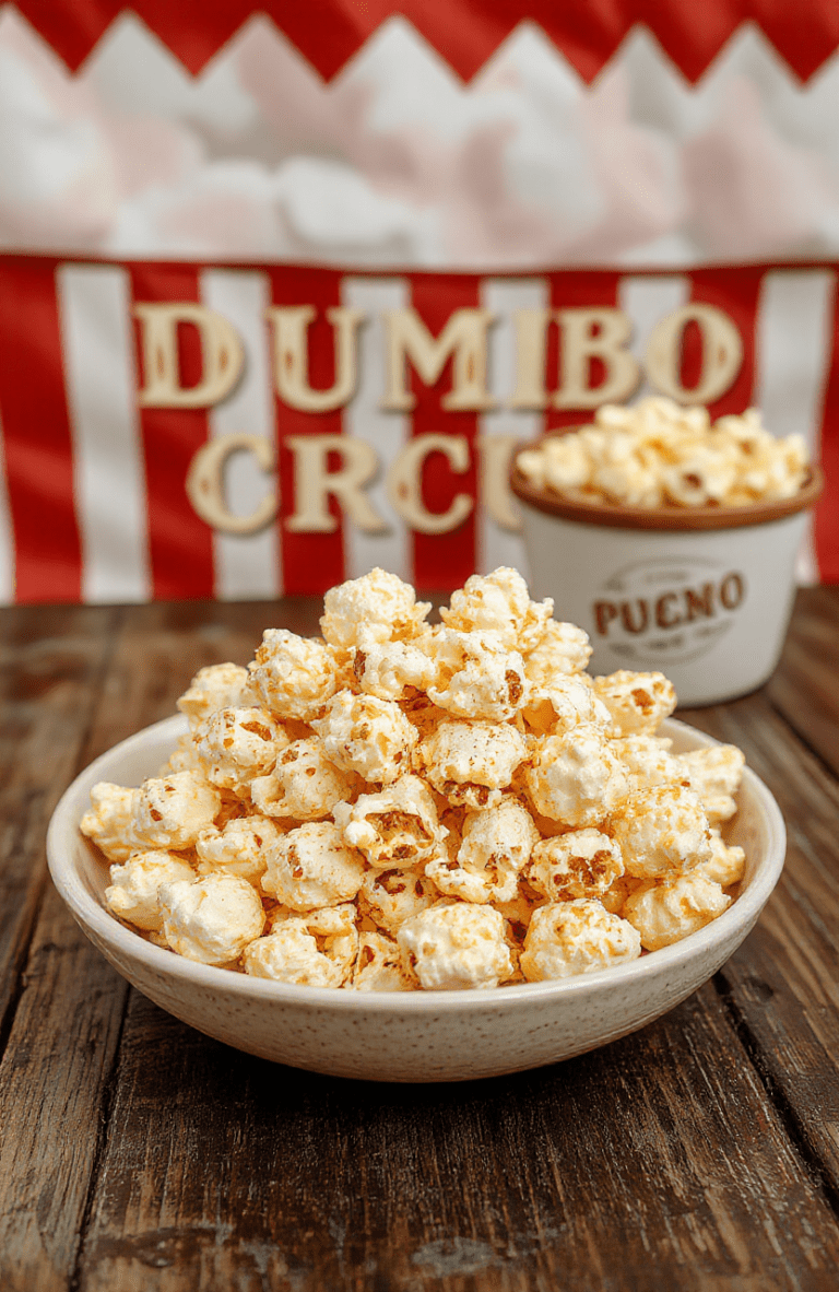 A bowl of light, fluffy popcorn tossed with rainbow circus sprinkles sits on a retro red-and-white striped table. The plate shows a glossy, caramel-touched kernels with a few confetti sprinkles, while a vintage popcorn bucket frame the scene, with soft bokeh lights evoking a circus night. The warm, inviting presentation is perfect for a Dumbo inspired movie night.