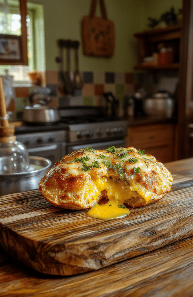 Golden arepas split open to reveal melted cheese, crispy outside and soft, fluffy corn inside, sprinkled with chopped cilantro on a warm wooden board with a sunny, cozy kitchen backdrop inspired by Encanto.