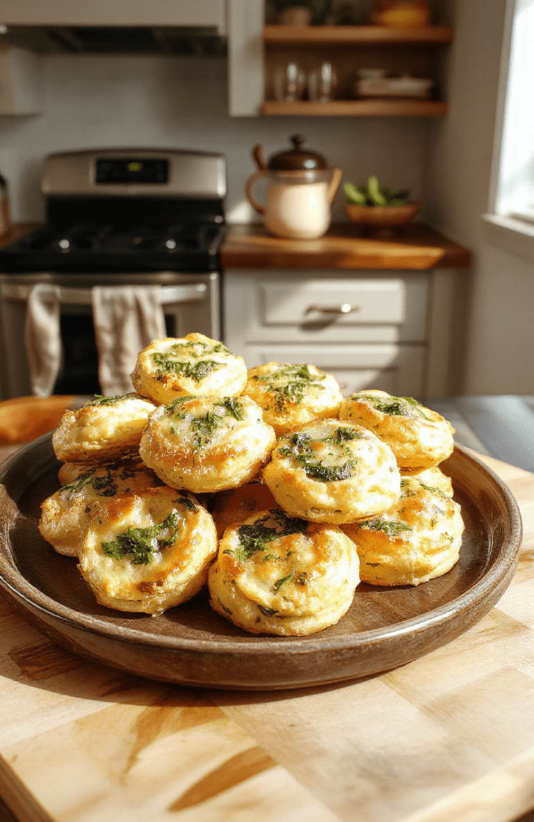 Golden flaky spinach puffs on a white plate, steam rising, visible layers of puff pastry with a creamy spinach filling and parmesan specks, set on parchment on a light maple wood board with a soft, pastel Disney-inspired background.
