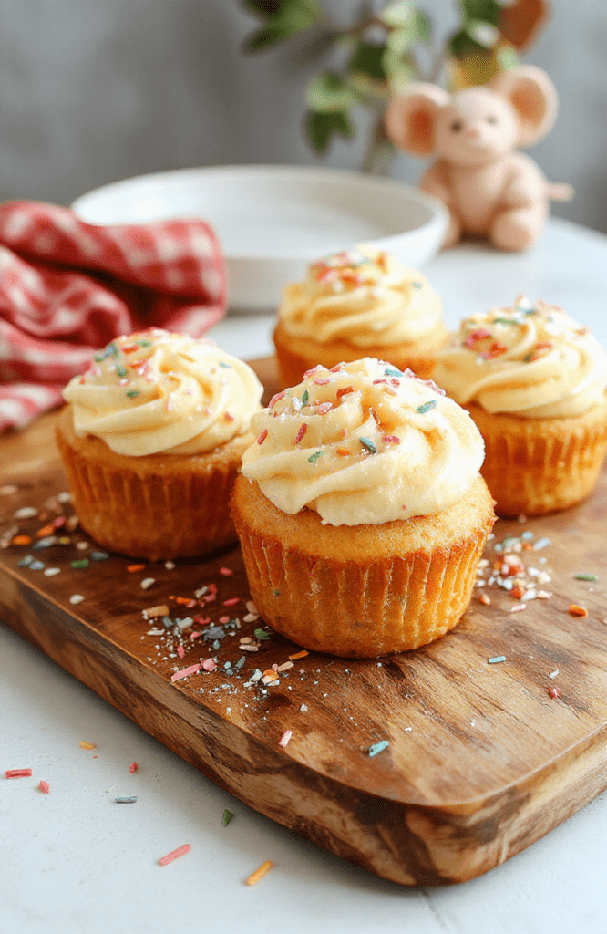 Plate of easy & fluffy Dumbo Cupcakes on a pastel wooden board, buttercream swirls, light vanilla crumb, colorful sprinkles and playful Dumbo elephant toppers, Disney-inspired backdrop with soft bokeh lights.