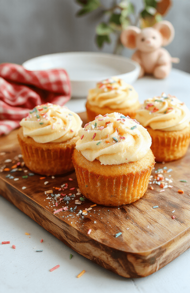 Plate of easy & fluffy Dumbo Cupcakes on a pastel wooden board, buttercream swirls, light vanilla crumb, colorful sprinkles and playful Dumbo elephant toppers, Disney-inspired backdrop with soft bokeh lights.