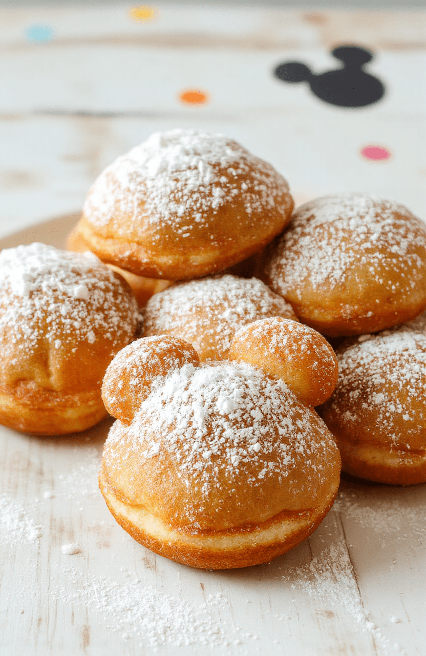 Golden fluffy Mickey Mouse beignets piled high on a white plate, lightly dusted with powdered sugar, crispy edges and soft centers showing, served on a warm wooden table with a subtle butter glaze and a hint of Disney-inspired decor in the background.