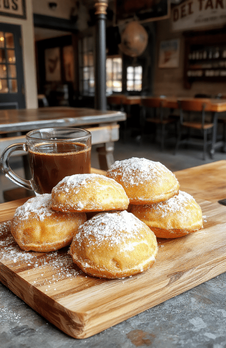 Golden beignets dusted with powdered sugar sit on a white plate atop a rustic maple board, with a small cup of coffee and a light dusting of cinnamon nearby. The beignets puff and crackle, edges crisp, interiors soft and airy, framed against a warm, cozy cafe vibe with soft bokeh and hints of New Orleans jazz ambiance.