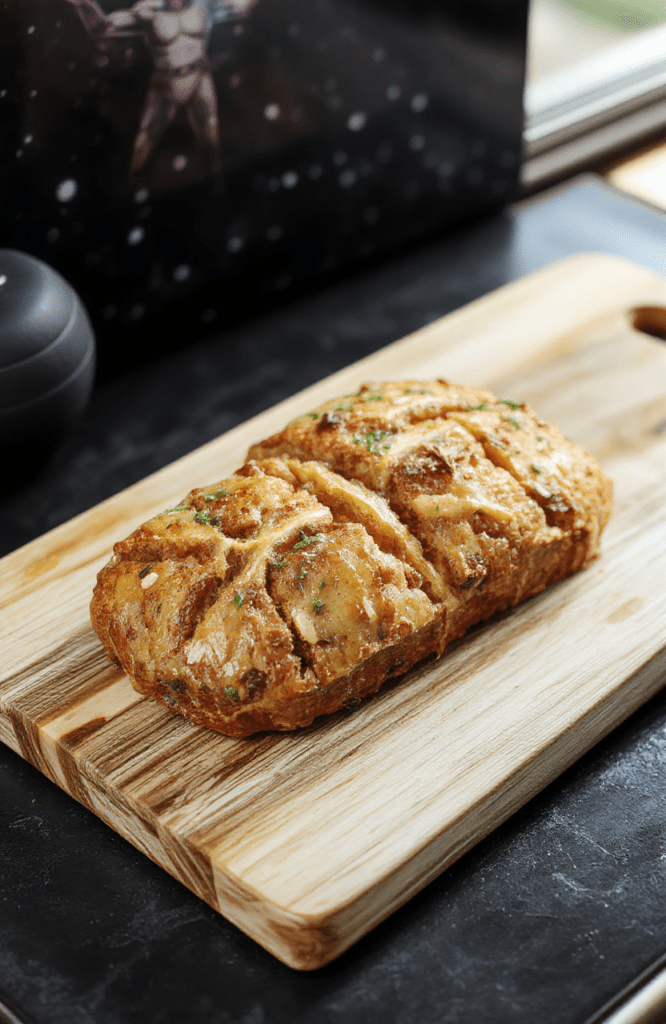 A rustic loaf shaped like Groot with a textured bark crust, carved facial features, and a leafy herb glaze. The bread sits on a wooden board with a scattering of parsley, olive oil brush marks, and torn herb leaves, revealing a soft, pull-apart interior. Warm natural light highlights the golden crust and inviting crumb.