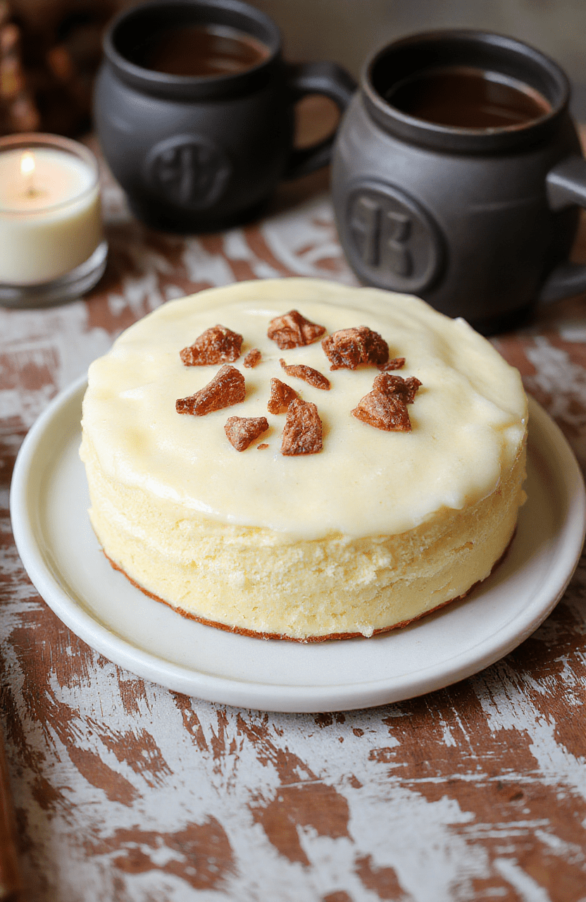 A golden Butterbeer cake with caramel frosting, sliced to reveal a moist crumb, on a rustic wooden board. Topped with whipped cream rosettes, edible gold dust, and tiny butterbeer candies. Warm amber lighting and subtle Harry Potter themed decor create a magical, feast-like presentation.