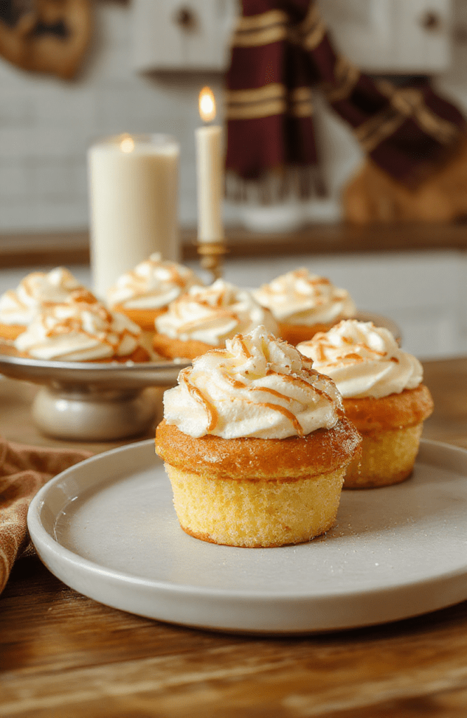 Golden butterbeer cupcakes with creamy tan frosting, drizzled with caramel, arranged on a rustic cake stand. Soft warm lighting on a wooden surface with a hint of butterscotch and a faint Hogwarts vibe in the background.