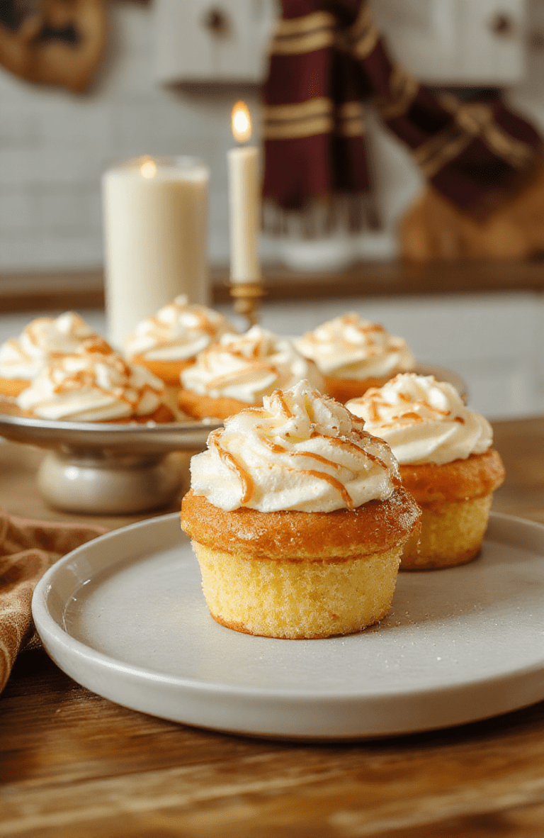 Golden butterbeer cupcakes with creamy tan frosting, drizzled with caramel, arranged on a rustic cake stand. Soft warm lighting on a wooden surface with a hint of butterscotch and a faint Hogwarts vibe in the background.