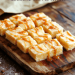 A close up of creamy, butter-yellow Butterbeer fudge squares neatly arranged on a dark slate board, with a caramel drizzle and a light dusting of flaky salt. The background hints at Hogwarts parchment and a wand, enhancing the magical mood.
