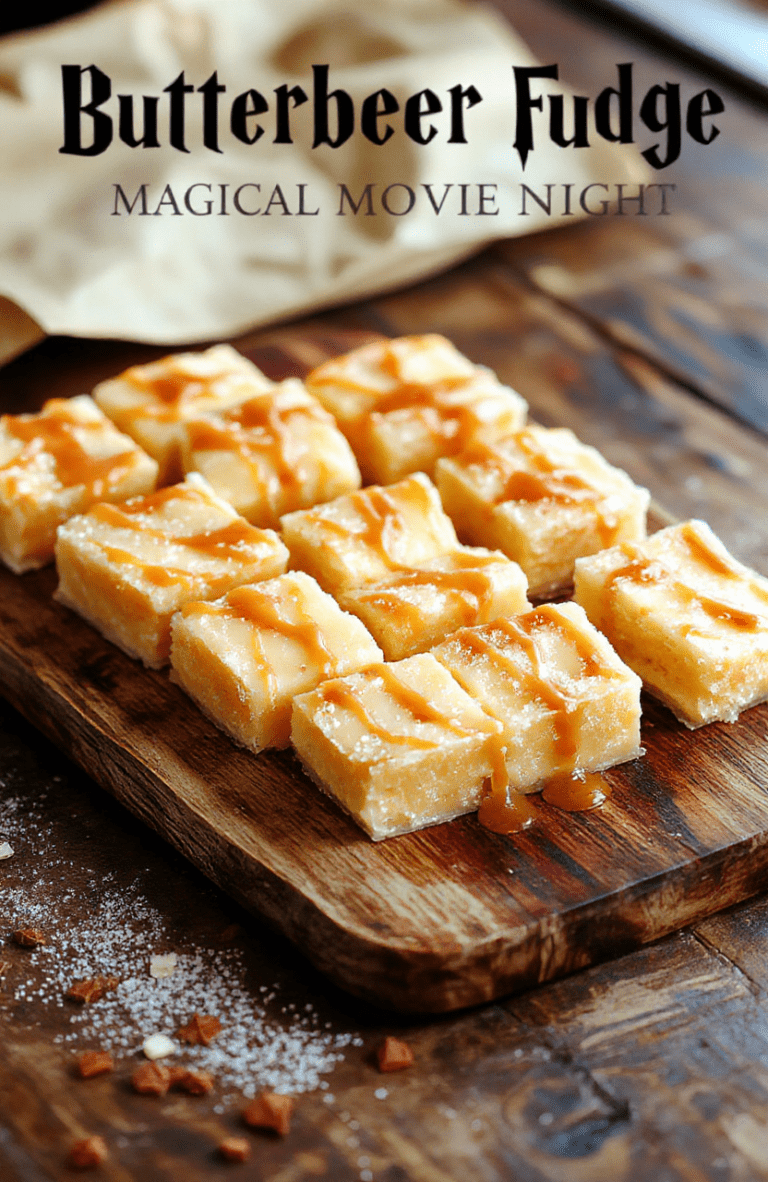 A close up of creamy, butter-yellow Butterbeer fudge squares neatly arranged on a dark slate board, with a caramel drizzle and a light dusting of flaky salt. The background hints at Hogwarts parchment and a wand, enhancing the magical mood.