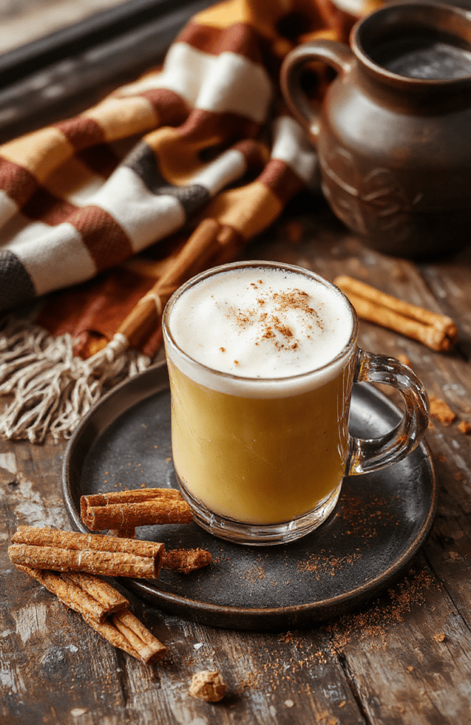 A tall, frosty glass of golden butterbeer with a thick cream foam, caramel drizzle, and a cinnamon dusting sits on a rustic wooden table. The drink is accented with a tiny wand and a Gryffindor scarf visible in soft background lighting, inviting a cozy wizarding vibe. The surface gleams with bubbles and creamy foam, while a mug and parchment add old-world charm.