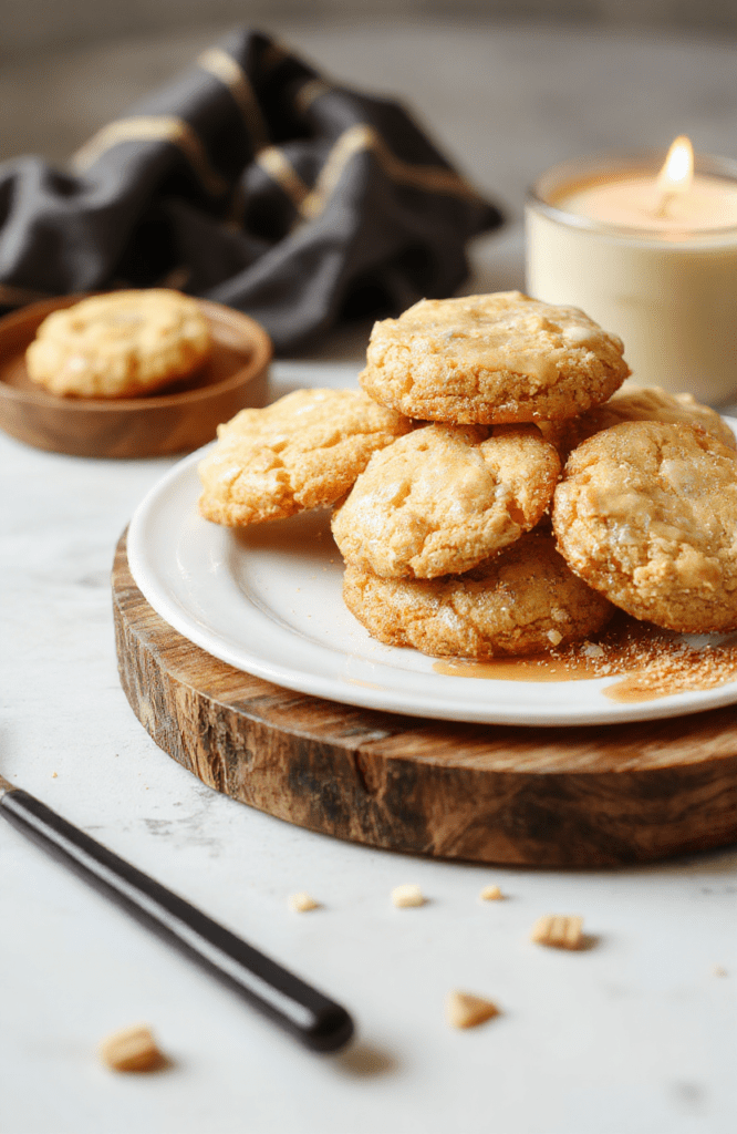 Two golden Butterbeer Sandwich Cookies with a glossy butterscotch filling, resting on a parchment-lined rustic wooden board. Edges are lightly crisp, centers soft, a light dusting of sugar suggests sweetness, with a warm, magical kitchen vibe in the background.