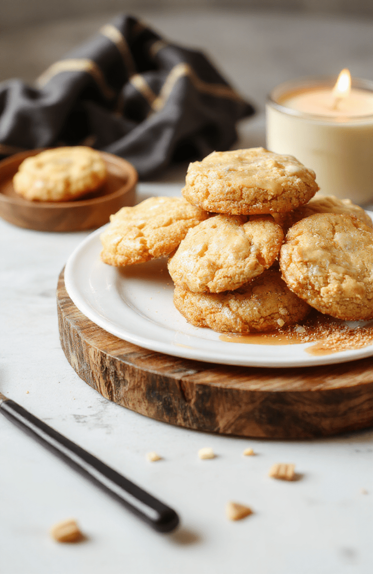 Two golden Butterbeer Sandwich Cookies with a glossy butterscotch filling, resting on a parchment-lined rustic wooden board. Edges are lightly crisp, centers soft, a light dusting of sugar suggests sweetness, with a warm, magical kitchen vibe in the background.