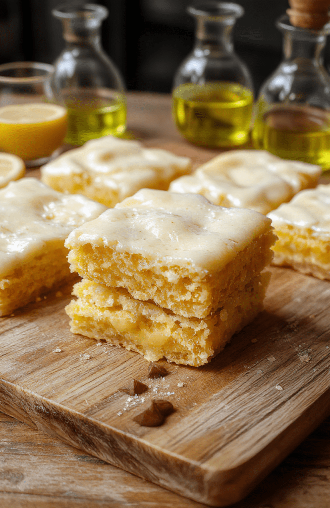 Bright, glossy lemon bars arranged on a light marble board with a buttery crust, vibrant yellow filling speckled with tiny lemon zest, topped with a light dusting of powdered sugar. The bars are cut into neat squares, with a few bars leaning on a white plate. A parchment backdrop and a wand-shaped lemon zest garnish hint at a magical theme.