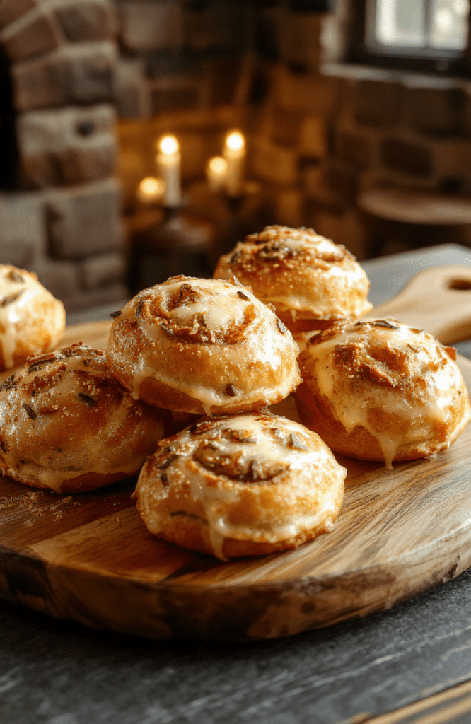 Golden bath buns with currants, glossy lemon glaze, arranged on a parchment-lined rustic board; warm lighting highlights fluffy crumb with a delicate sheen; a light dusting of sugar and lemon zest adds brightness; Potter-inspired setting suggested by a faint Hogwarts vibe.