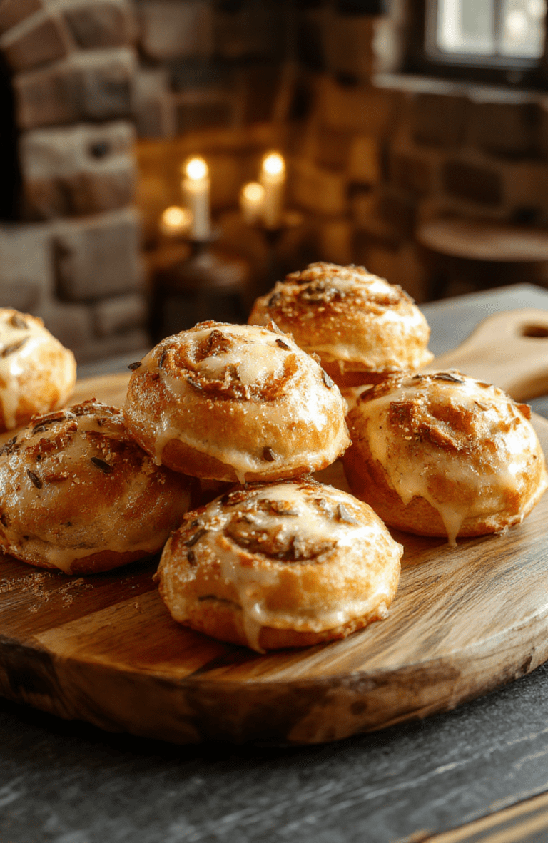 Golden bath buns with currants, glossy lemon glaze, arranged on a parchment-lined rustic board; warm lighting highlights fluffy crumb with a delicate sheen; a light dusting of sugar and lemon zest adds brightness; Potter-inspired setting suggested by a faint Hogwarts vibe.