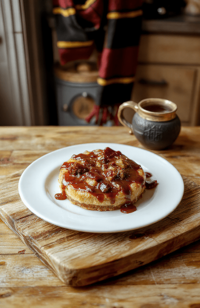 A golden treacle tart with a glossy caramel surface on a white plate, flaky crust visible around the edge, a light dusting of powdered sugar and lemon zest, a small drizzle of treacle, warm ambient lighting, rustic wooden table setting with subtle Hogwarts-inspired decor in the background.