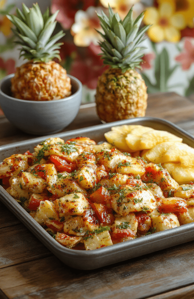 A glossy pineapple teriyaki glazed Hawaiian chicken sheet pan dinner sits with caramelized edges beside pineapple chunks, red and yellow bell peppers, and red onion slices. Sesame seeds dust the chicken; lime wedges and chopped scallions add bright color on a dark parchment-lined sheet pan, with tropical greenery softly blurred in the background.