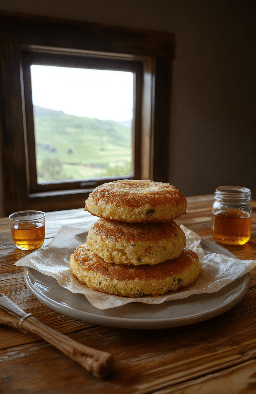 A golden Hobbit Honey Cake sits on a rustic wooden board with a drizzle of honey, a small honey jar, and a light dusting of cinnamon. The light crumb looks tender and moist, with a soft, warm glow that evokes a cozy Shire kitchen.