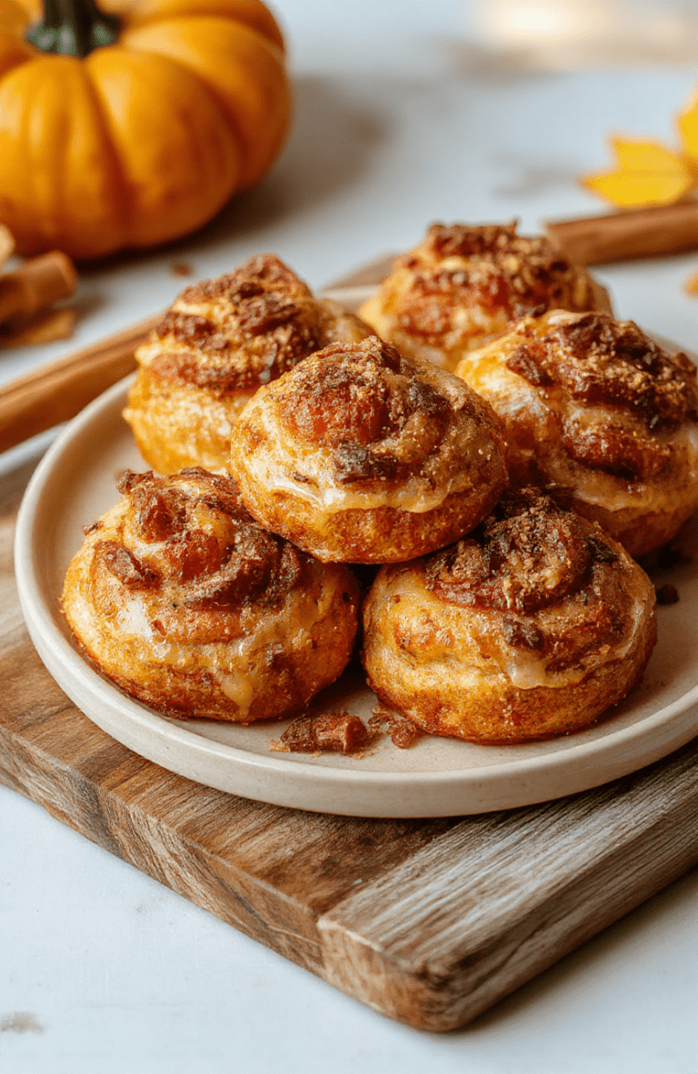 Golden-brown Hocus Pocus Buns with cinnamon swirls and a glossy orange glaze, arranged on a rustic wooden board with a warm autumn backdrop, a light dusting of sugar, and subtle Halloween accents.