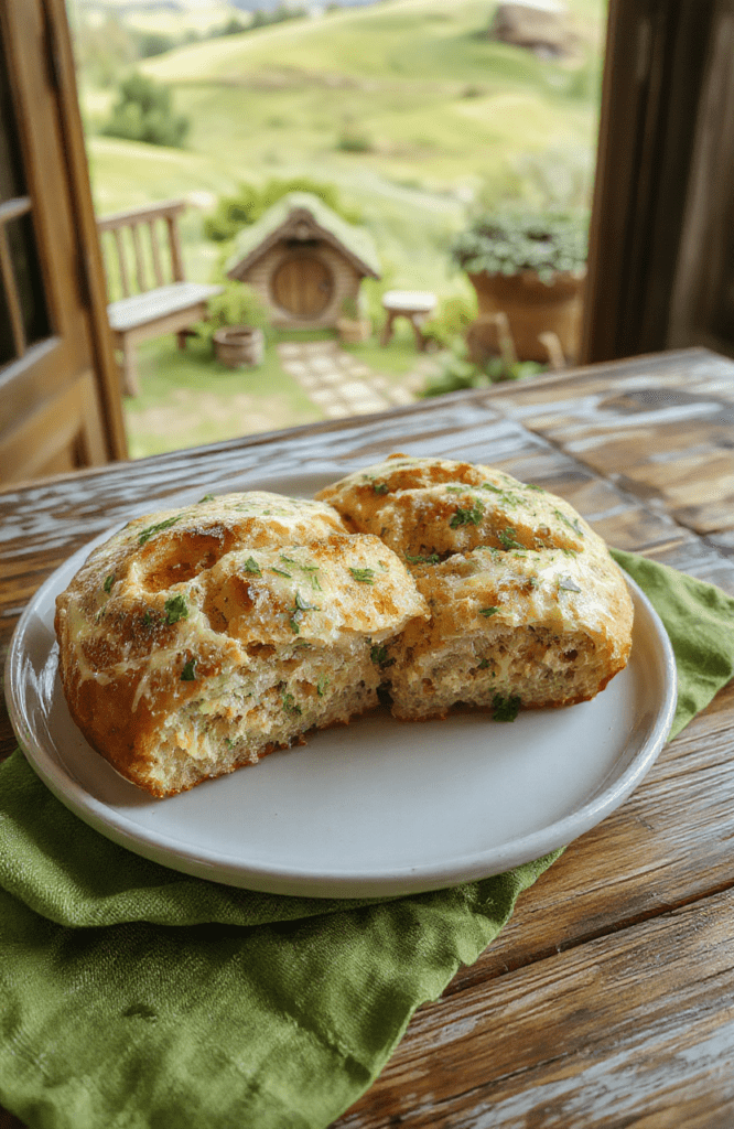 A golden crust Hobbiton herb bread loaf sits on a rustic wooden board, crusty edges, sliced to reveal a soft, herb-speckled crumb. Butter pats, olive oil drizzle, and a scattering of fresh rosemary and chives rest nearby. The scene is set in a cozy kitchen inspired by the Shire, with green linen and sprigs of thyme, capturing a warm, rustic vibe.