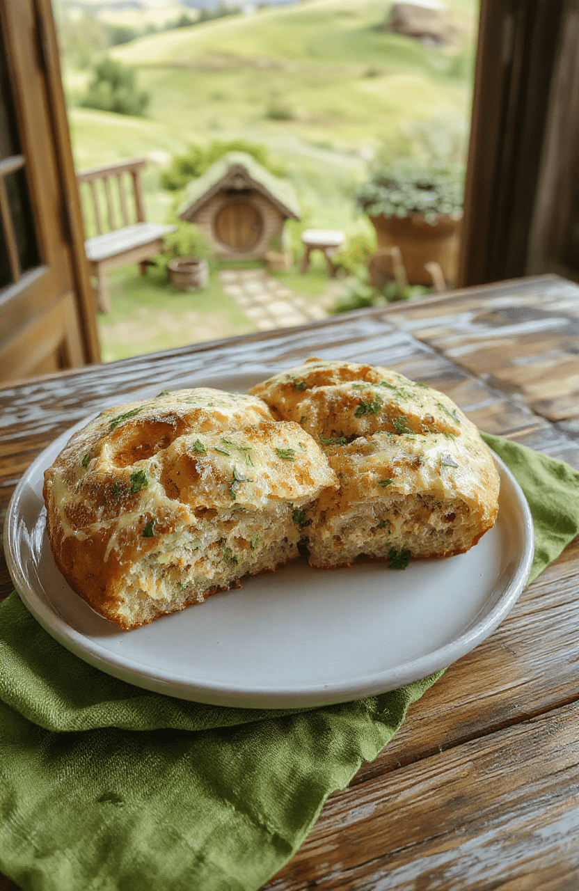 A golden crust Hobbiton herb bread loaf sits on a rustic wooden board, crusty edges, sliced to reveal a soft, herb-speckled crumb. Butter pats, olive oil drizzle, and a scattering of fresh rosemary and chives rest nearby. The scene is set in a cozy kitchen inspired by the Shire, with green linen and sprigs of thyme, capturing a warm, rustic vibe.