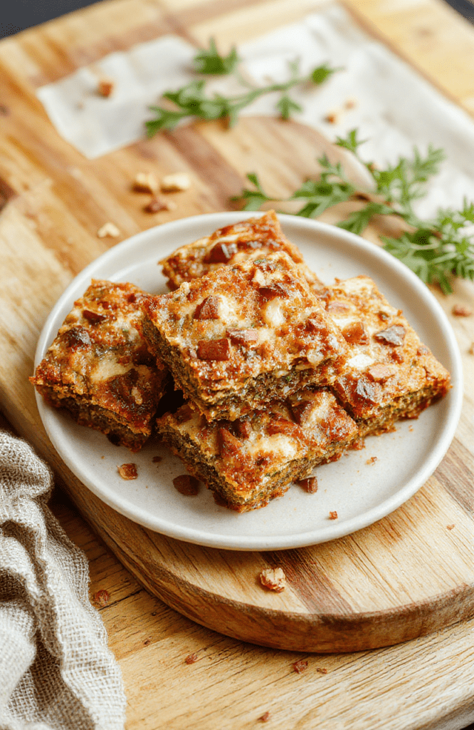 A close-up of golden-brown Lembas Bread Bars arranged on a light wooden board, speckled with oats and coconut, a drizzle of honey glistening on top, with parchment paper and a sprig of rosemary for rustic Middle-earth vibes. The bars show chewy centers and slightly crisp edges, cut into neat squares atop a simple, natural plating. Soft natural light highlights warm tones and textures, while a subtle background suggests a cozy Hobbit-style pantry.