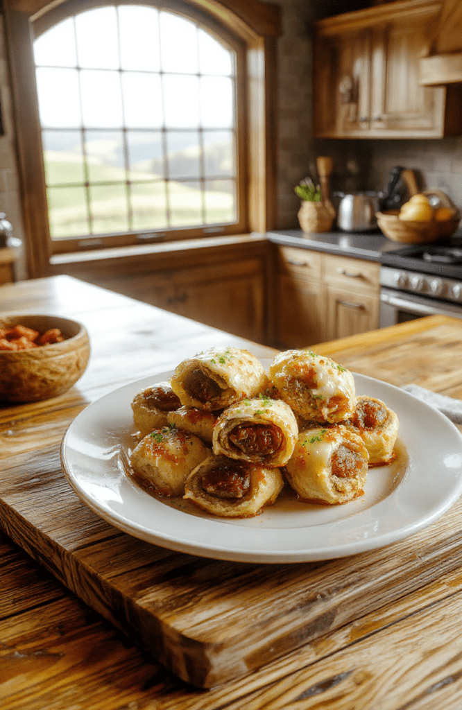 Golden-brown sausage rolls with flaky puff pastry, brushed with an egg glaze, speckled with pepper, arranged on a rustic wooden board with a few chopped chives and a small dollop of mustard. The rolls glow with warmth against a softly blurred kitchen backdrop, hinting at a hobbit-inspired, cozy Shire table setting.