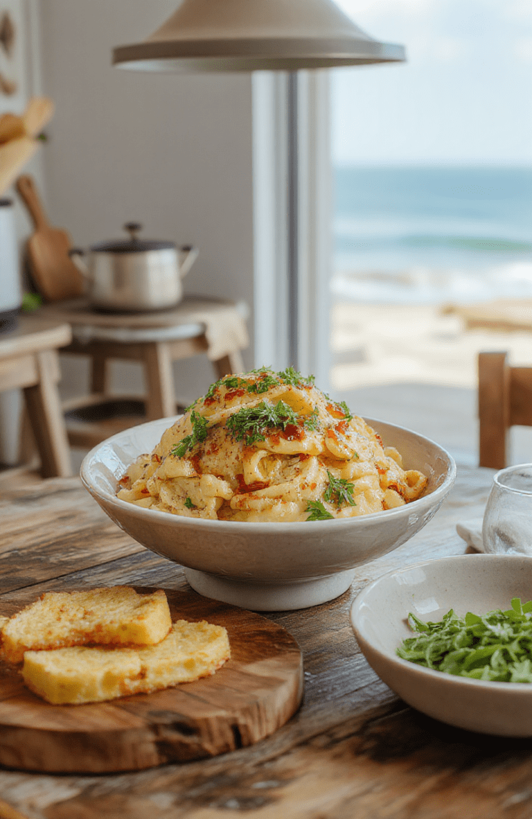A plate of Luca-inspired Trenette al Peatone on a white dish, al dente pasta coated in a creamy tomato-pea peatone sauce with crisp pancetta, grated Pecorino, and fresh basil. The sauce glistens, steam rises, and a lemon twist rests on the rim. The setting is sunlit seaside Italian table with a blue ceramic cup and rustic olive wood, inviting a cozy movie-night vibe.