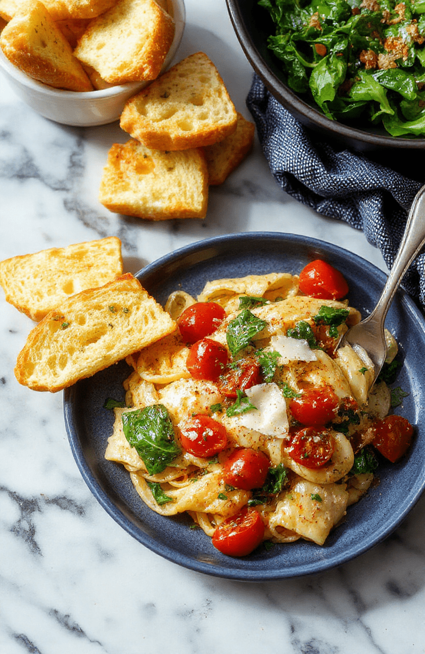 A vibrant Luca-inspired pasta on a blue ceramic plate, glistening with olive oil, blistered cherry tomatoes, and wilted spinach, shaved parmesan, and torn basil. Crispy garlic bread sticks sit nearby on a rustic wooden board.