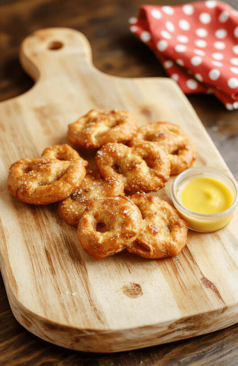 Golden-brown Mickey Mouse pretzels with a glossy salt crust, arranged on parchment on a warm wooden board; a small bowl of mustard dips nearby; red-and-white polka dot napkin in the background; the scene is cozy and kid-friendly with soft lighting.