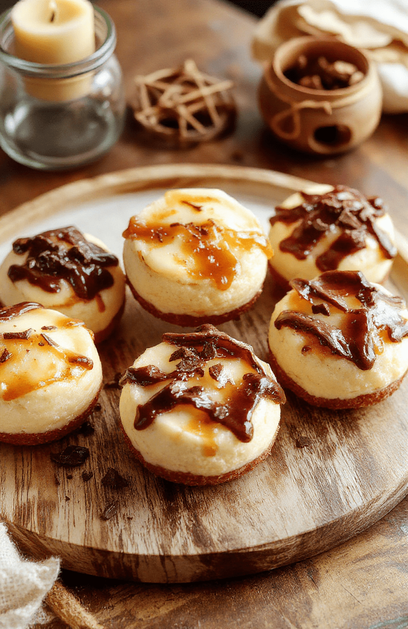 Close-up image of twelve mini butterbeer cheesecakes arranged on a light marble board. Each bite-sized cheesecake has a pale vanilla filling, a crisp golden graham crust, and a glossy butterscotch glaze. A hint of cream soda color swirls through the filling. The scene is finished with a warm, magical glow reminiscent of a Hogwarts dessert hall.